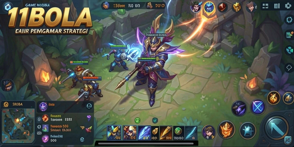 Screenshot 11BOLA dengan aksi pertempuran seru antar tim MOBA.