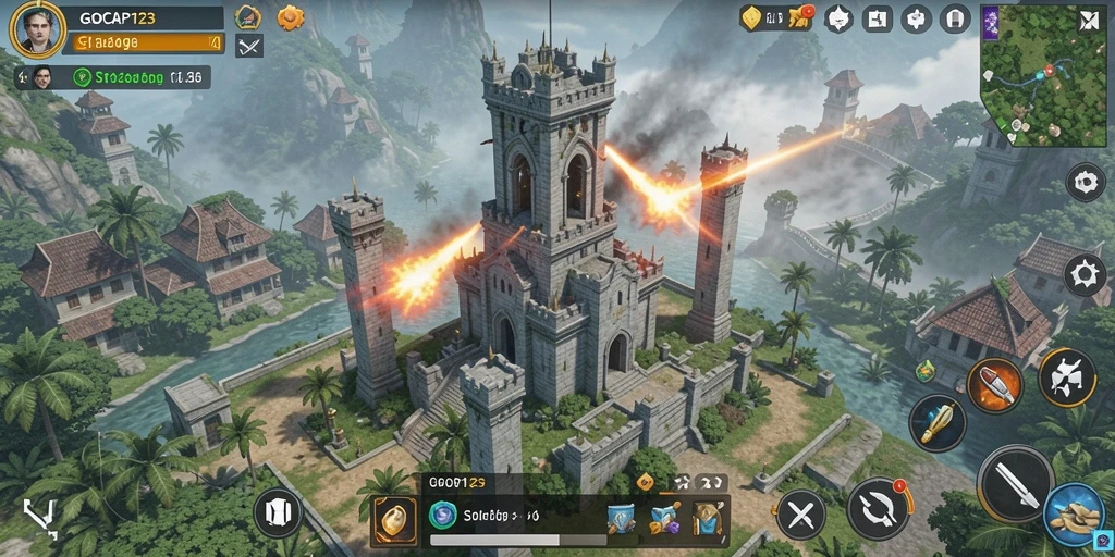 Screenshot gameplay GOCAP123 menunjukkan menara menakjubkan dan aksi pertempuran seru.