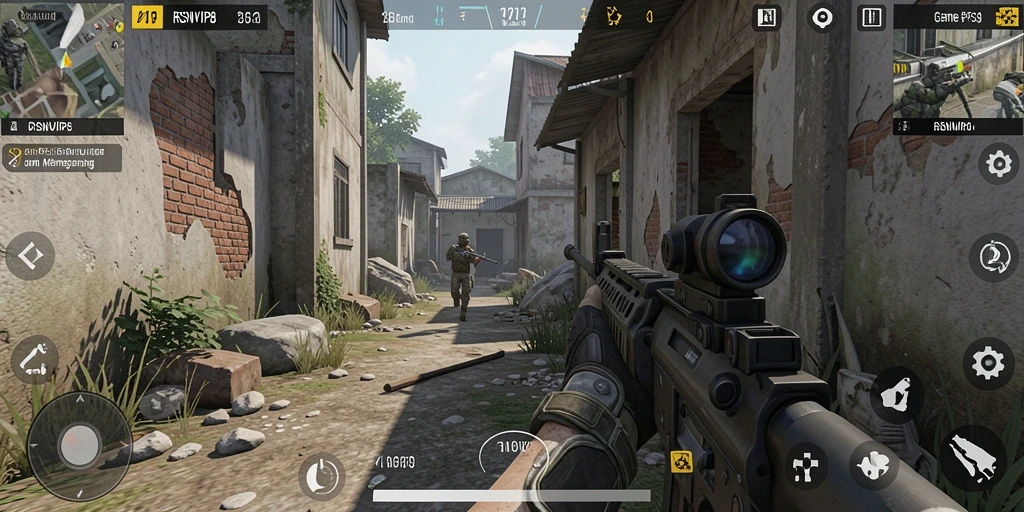 Screenshot gameplay RSNVIP8 menampilkan aksi menegangkan dalam pertempuran FPS.