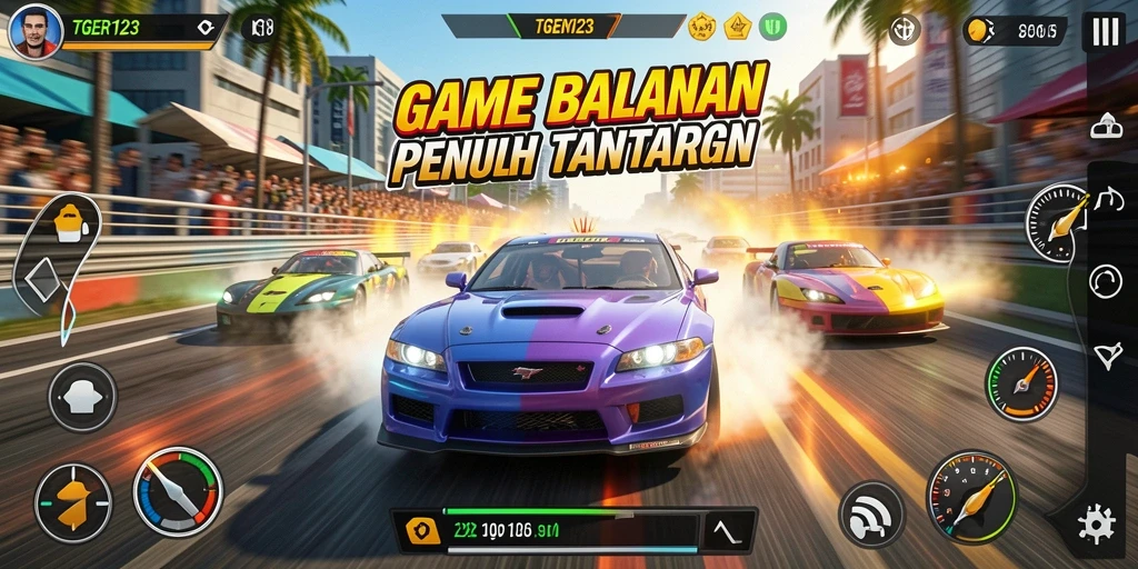 Screenshot gameplay TGER123 yang menangkap aksi balapan yang cepat.